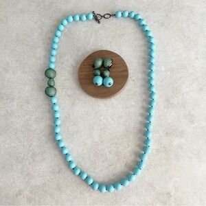 Joan Boyce Dangle Clip On Earrings & Toggle Necklace Set Blue Green